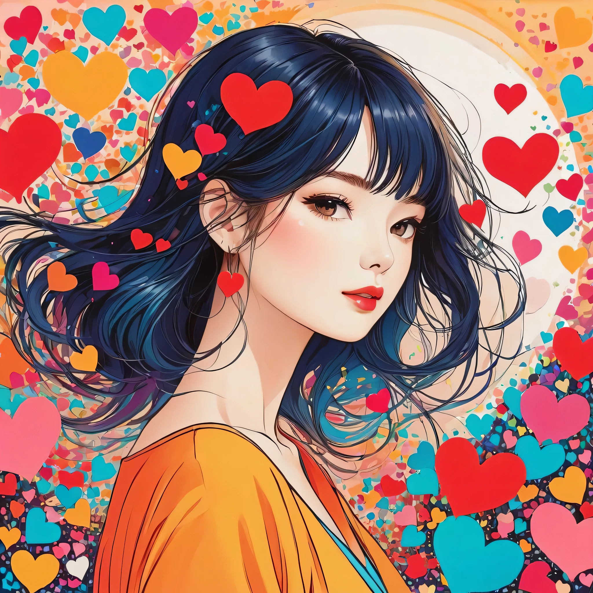 Seizo Watase style, Simple Line Initialism,Abstract art,Urban Background, colorful hearts ,(((The most beautiful girl of all time))),
