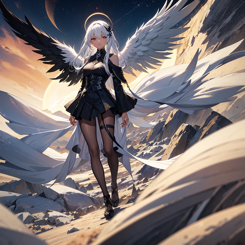A black angel with white hair, in the middle of the desert, during an eclipse, at night, character in the center of the image