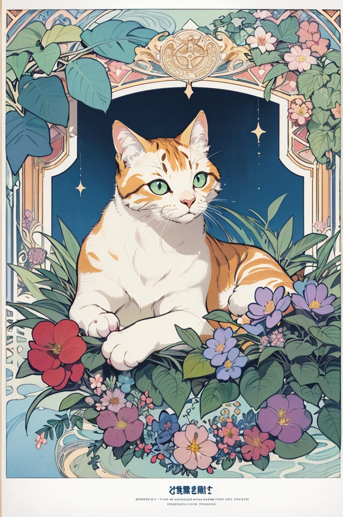 poster,(by mucha:1.2),((art deco,Botanical Art,Floral Art)),(floral:1.2),lily flower,
(masterpiece, highest quality),(vibrant colors,colorful),(amazing details,detailed background),anatomically correct,Accurate drawing,Detailed drawing,high-class sense,

A cat wearing goggles is lying on the edge of an outdoor swimming pool, with its front paws hanging over and holding onto the side. The background features lush plants and blue water, creating a bright atmosphere. It has a close-up shot, flat illustrations, and a simple color scheme. The cat is depicted in the style of Japanese anime.