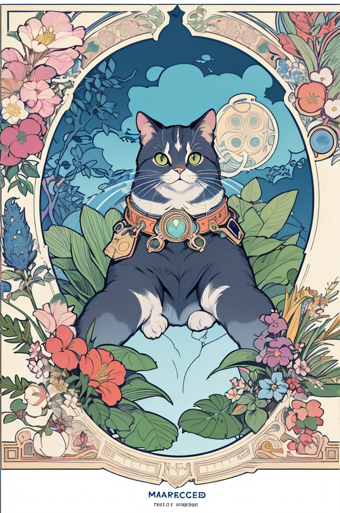 poster,(by mucha:1.2),((art deco,Botanical Art,Floral Art)),(floral:1.2),lily flower,
(masterpiece, highest quality),(vibrant colors,colorful),(amazing details,detailed background),anatomically correct,Accurate drawing,Detailed drawing,high-class sense,

A cat wearing goggles is lying on the edge of an outdoor swimming pool, with its front paws hanging over and holding onto the side. The background features lush plants and blue water, creating a bright atmosphere. It has a close-up shot, flat illustrations, and a simple color scheme. The cat is depicted in the style of Japanese anime.
