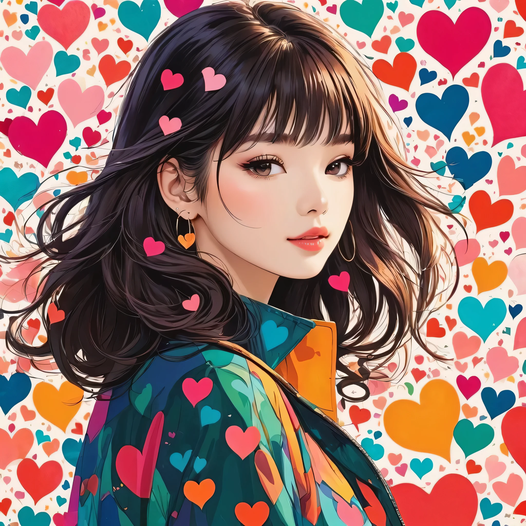Seizo Watase style, Simple Line Initialism,Abstract art,Urban Background, colorful hearts ,(((The most beautiful girl of all time))),