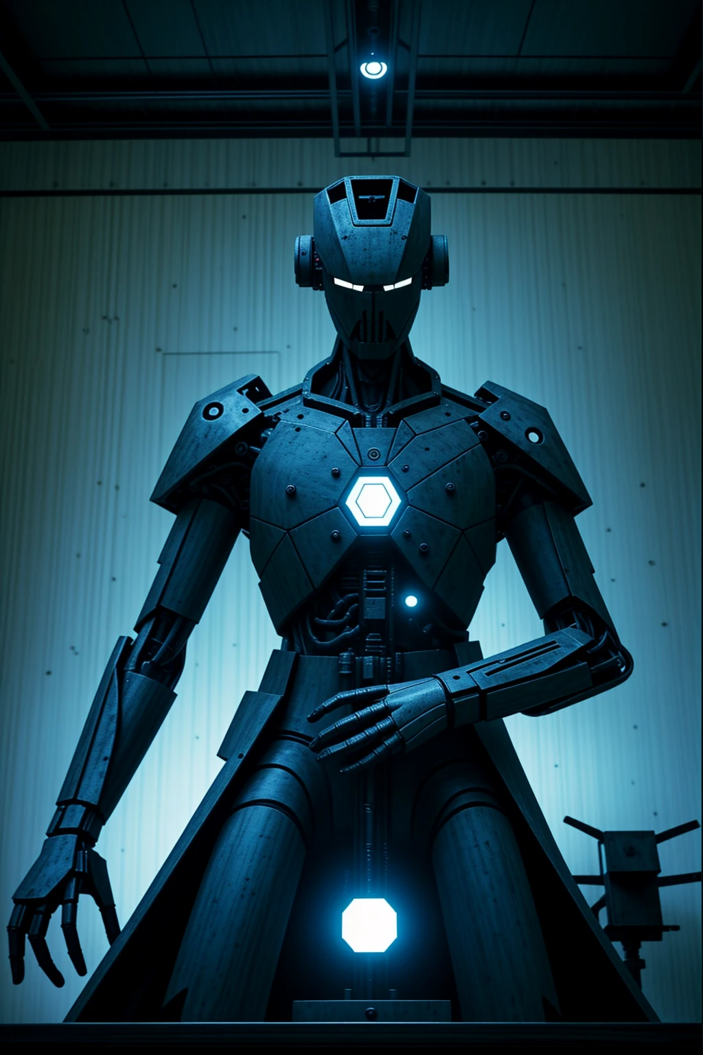 a giant robot torso connected to the ceiling, leaning forward, 6 bright white glowing eyes arranged in a hexagon, smooth metal plating covering the mechanical frame underneath, godly aura, long slender arms resting below,