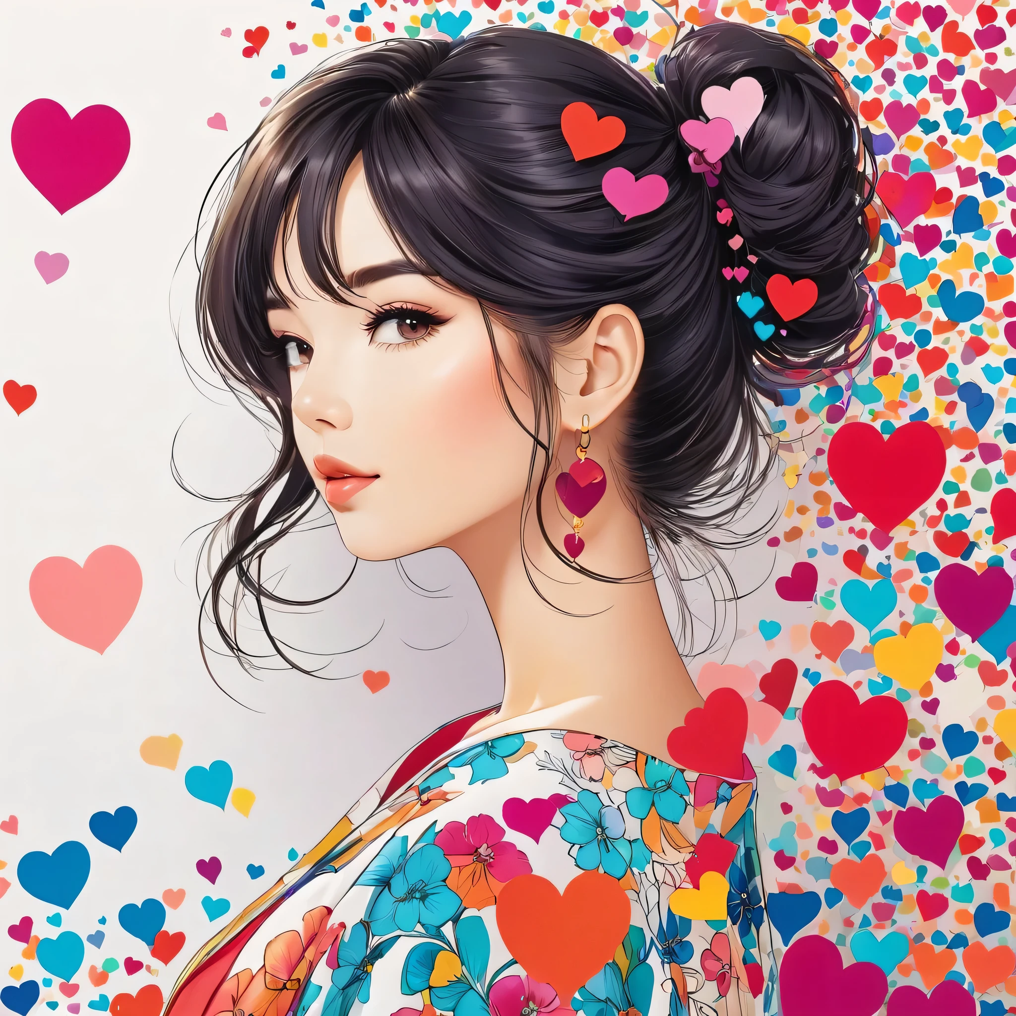 Seizo Watase style, Simple Line Initialism,Abstract art,Urban Background, colorful hearts ,(((The most beautiful girl of all time))),