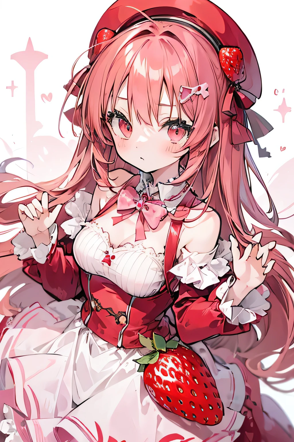 anime girl with long light red hair, brown eyes, adorable dress and accessories,masterpiece, 2D, ultra HD, something quality, ((pink Strawberry)).