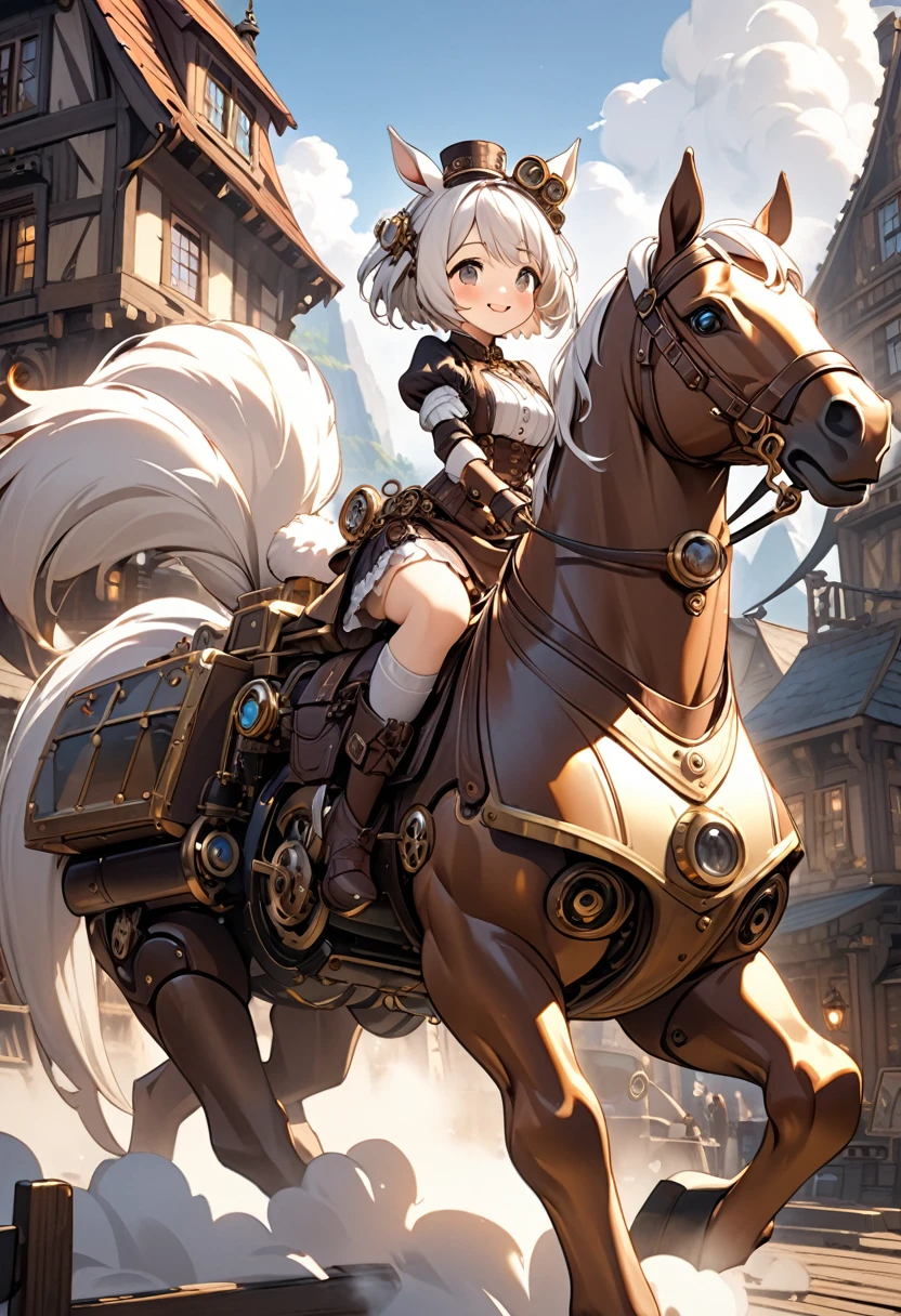fantasy concept art CG,A girl goes on an adventure riding a steam-powered horse in a steampunk world. ,The girl is an android that runs on steam and has a cute and comical appearance.white fluffy short hair,A brass-colored mechanical body with cute horse ears growing on its head.Horses have a cute comical and friendly appearance.A four-legged white and brass-colored mechanical horse,The fur on its tail is fluffy and steam is emitted from its nostrils.The girl is smiling and looking out over the world of steam from a horse, in a steampunk style Many villages are made up of brass-colored houses.There is a steampunk-style castle on the other side of a distant mountain.A lot of steam is discharged from the village.The idyllic atmosphere of the village, the mechanized atmosphere of mechanical devices,Vibrancy, like civilization and enlightenment,A cute depiction of the girl's mechanism,Perfect way to ride a horse,movie-like lighting,studio lighting,(High quality, high precision, masterpiece, 4k, 8k, :1.2)ultra detail , ultra-fine painting,physically based lettering,