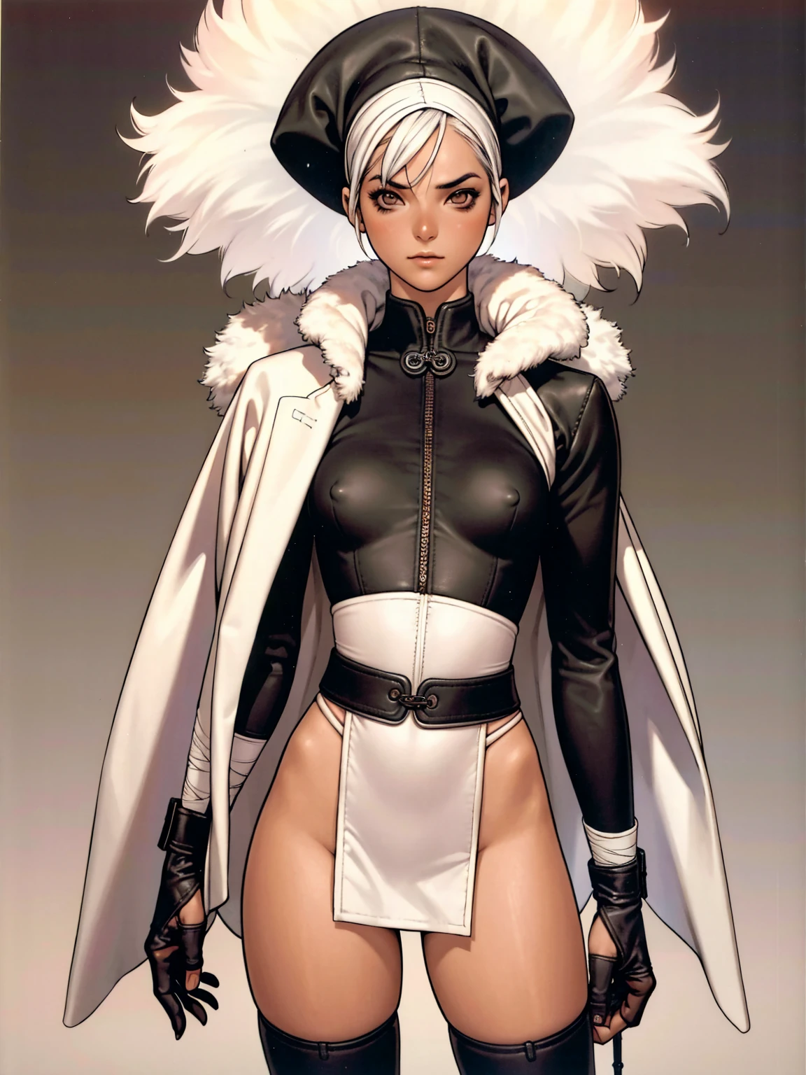 (((Annie Lennox))), (((Panda suit))), (scars), (((bandaged arms))), ((panda fur hood)), (((best qualityer: 1.4))), (Unbeatable masterpiece), (hiper HD),(CG 8k hyper-realistic), (((brave face))), (((breasts big))), (((hyper feminine))), sexly girl, black tattoo,(ultra short black hair with red highlights)), ((( sculptural body ))), (((1 Kizi))), Kizi tatuada de 25 anos com perfectbody,,Beautiful and well-groomed face,muscular body:1.2,solid color detailed jacket, (Head to thigh photos), Complex equipment, green dark,long pants,Tight clothes are dark,With white stars and off-white stripes,,,,,Armor Metal Electronic Parts, Poison tattoos ) INFO, Kizi, (((standing alone))), pirralha violent, ((())), sexly, pose de atitude, work of art, post-apocalypse, (((manga style))), bounty hunter, violent, Manic, the way you want, slenderbody, thin but strong, perfectbody, roupa moderna, advanced technology, Pleated mini skirt with checkered pattern in red and black, fur collar jacket, sleeves with vertical striped pattern, neutral background, (( cowboy shot )). intricate visual