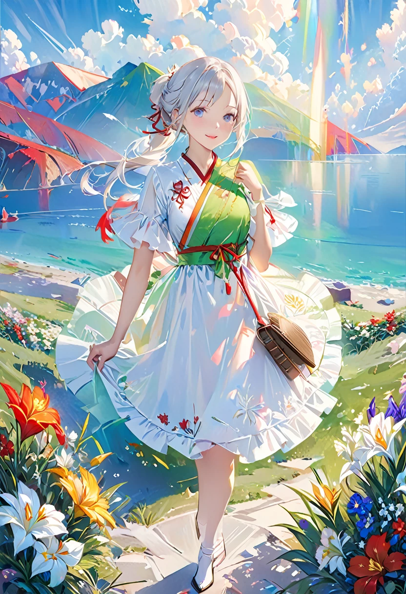 (Panorama, Center, Masterpiece, Highest Quality: 1.2), (8K, Raw Photos, Highest Quality), ((Masterpiece: 1.2)), Realistic, Ultra High Resolution, High Contrast, Photon Mapping, Vivid Colors, distant view, 26mm, Super Detailed, Raw Photos, Authentic, Official Art, RAW Photos, Professional Lighting, Lights, Vivid Atmosphere, finest illustration, best shadows),(An image with a composition with a large background and a small person), A smiling young girl (Emilia princess from Re:Zero, elegant silver-haired girl with delicate features, beautiful detailed eyes, long eyelashes, full lips, colorful makeup, slim waist, wearing a academy uniform, short sleeve top, photorealistic, (best quality,4k,8k,highres,masterpiece:1.2),ultra-detailed,(realistic,photorealistic,photo-realistic:1.37), extremely detailed face and eyes, highly detailed iris, (cute)), Early summer, Daytime. Plain, A smiling young girl can be seen standing in the distance against the background of various colorful flowers, On the side, there is a small white kitten, green and gold and silver gradients, the atmosphere where you can feel the excitement of adventure, an atmosphere of happiness and joy, a world view of high fantasy, a magnificent composition, beautifully depicted with the golden rule, Guardian nebulae of iridescent lights and silvery vapors, colors of corrosive siege rays, slimy air,