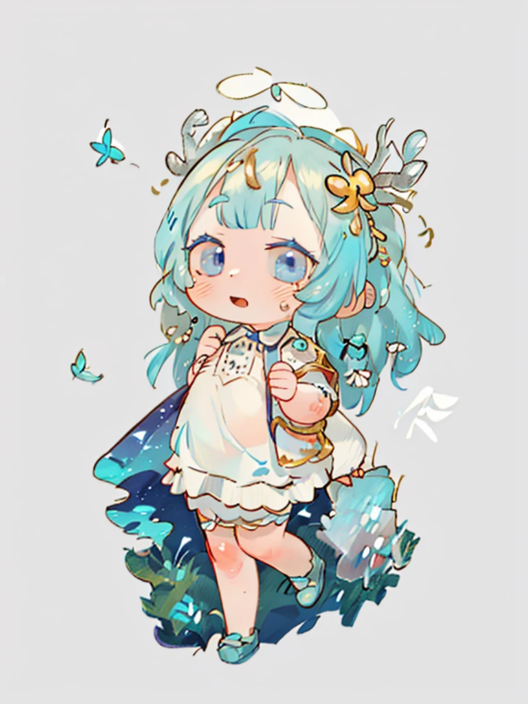 tarot, gold border, mystical forest themed, chibi, masterpiece, best quality, extremely detailed, detailed background, detailed face, 1girl, full-body, solo, pale skin, LONG blue hair which each strands were being lifted up by butterflies, deer ears, white deer horns, happy expression, white dress, blue flower, good finger, perfect face, intricate details