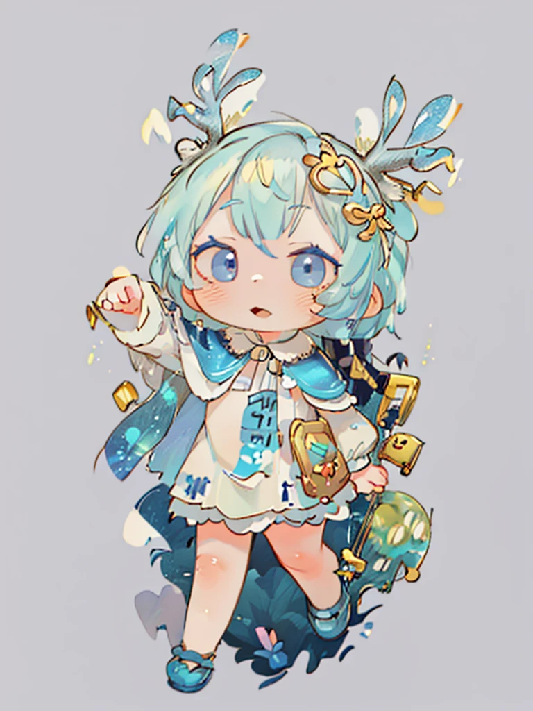 tarot, gold border, mystical forest themed, chibi, masterpiece, best quality, extremely detailed, detailed background, detailed face, 1girl, full-body, solo, pale skin, LONG blue hair which each strands were being lifted up by butterflies, deer ears, white deer horns, happy expression, white dress, blue flower, good finger, perfect face, intricate details