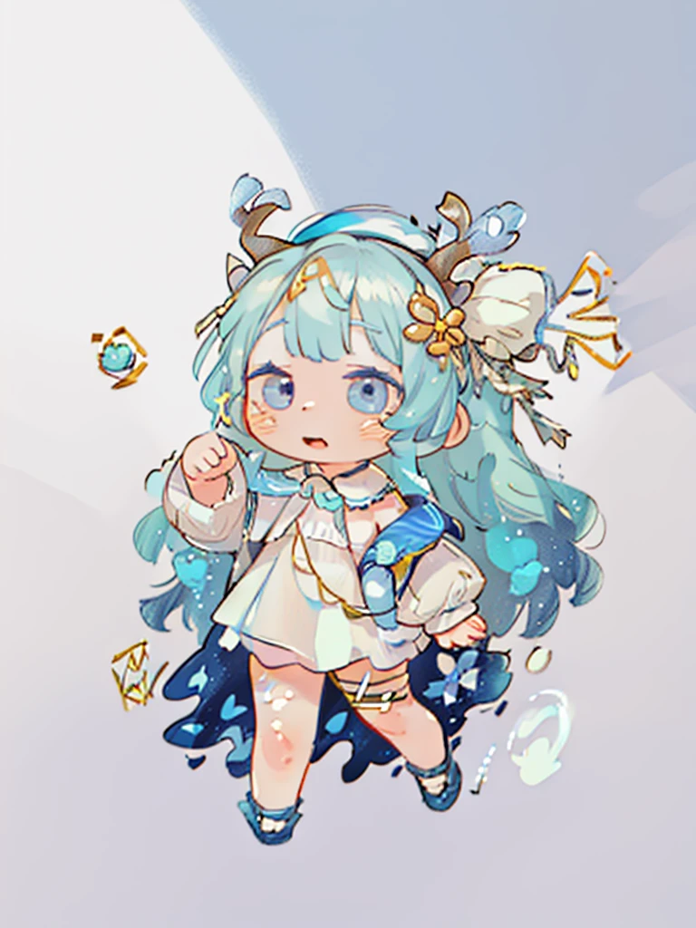 tarot, gold border, mystical forest themed, chibi, masterpiece, best quality, extremely detailed, detailed background, detailed face, 1girl, full-body, solo, pale skin, LONG blue hair which each strands were being lifted up by butterflies, deer ears, white deer horns, happy expression, white dress, blue flower, good finger, perfect face, intricate details