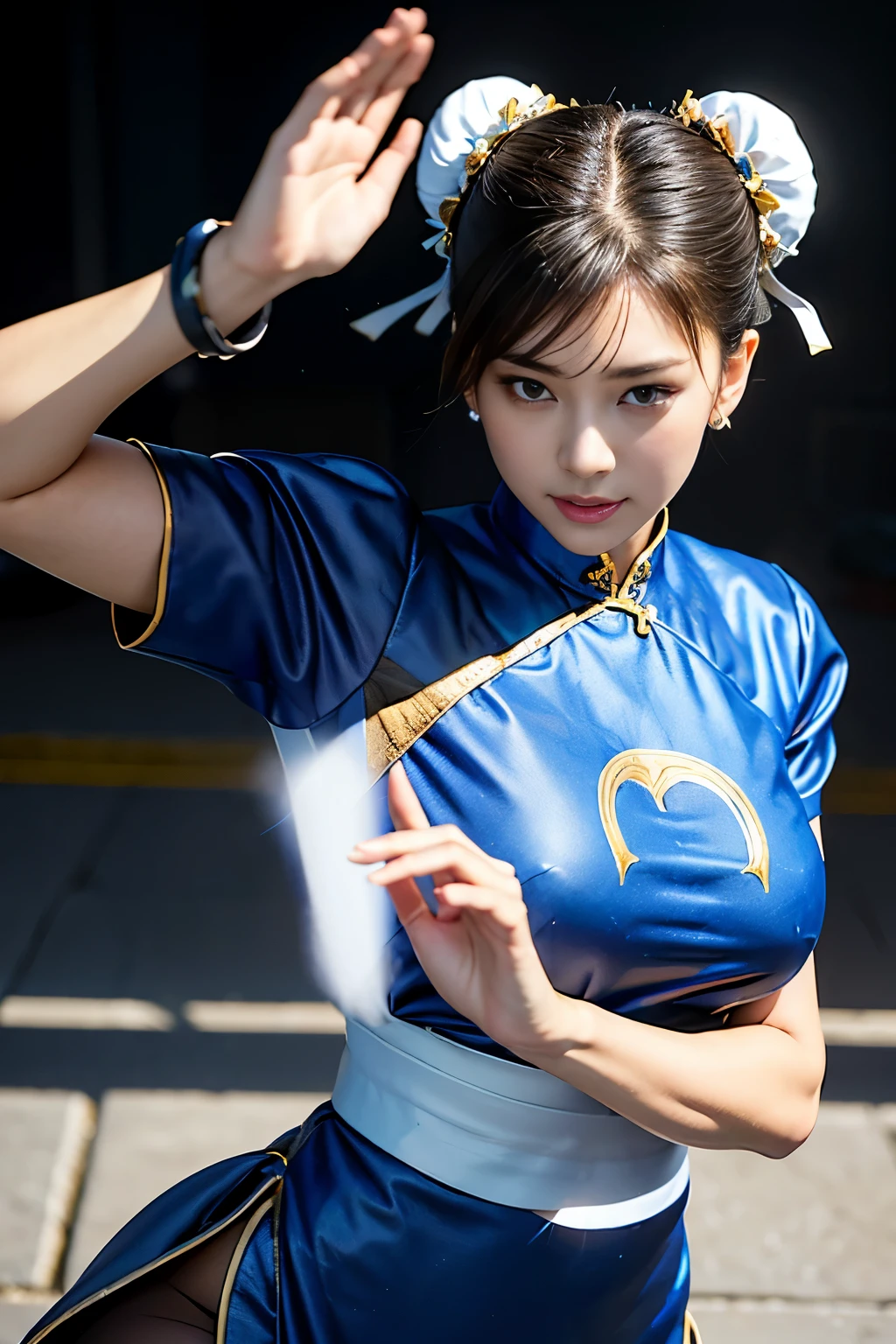 《Street Fight II》Chun-Li,Perfect Chun-Li Costume,Blue and gold cheongsam,Bun head,Good cover,Fighting Stance,High Kick,Kick、Lift your legs,masterpiece、1 beautiful girl、beautiful eyes、Puffy eyes、best quality, 超high resolution, (Reality: 1.4), Light、Super beautiful、Beautiful skin、Turn your body forward、(超Reality)、(high resolution)、(8K)、(Very detailed)、(beautiful eyes)、(Very detailed)、 (wall-)、Delicate face、明亮的Light线、Professional Lighting、Looking at the audience、Direct vision、Tilted stone sculpture, best quality, masterpiece, best quality, Perfect face, Perfect brown eyes and white sclera, Bad Move - 5, solitary, 1 girl, Upper Body, Brown hair, From SF2, Chinese service, Smile, muscular woman, Blue clothes, Pantyhose, Pelvic Curtain, Full short sleeves, Good cover, sash, appraise,Kick起来.