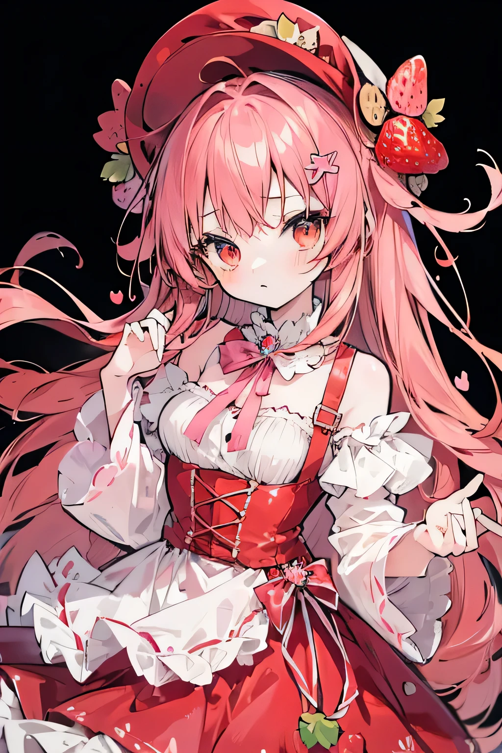 anime girl with long light red hair, brown eyes, adorable dress and accessories,masterpiece, 2D, ultra HD, something quality, ((pink Strawberry)).