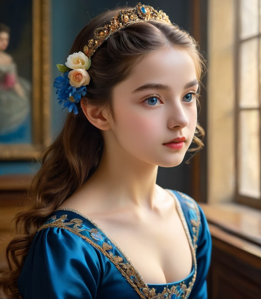 (highres,masterpiece:1.2),(realistic:1.37)"(best quality, highres, ultra-detailed, realistic),beautiful 19th-century portrait of a -yeld Frh ballet dancer, (She is half French and half Japanese, and is a stunning beauty with dark blue eyes and a high nose:1.1), elaborate ballet costume, detailed facial features, long graceful neck, flowing locks of hair, poised and elegant posture, soft and delicate lighting, classic oil painting medium, vibrant colors, subtle background with floral motifs", dreamy atmosphere, Surrealism,mystical aura