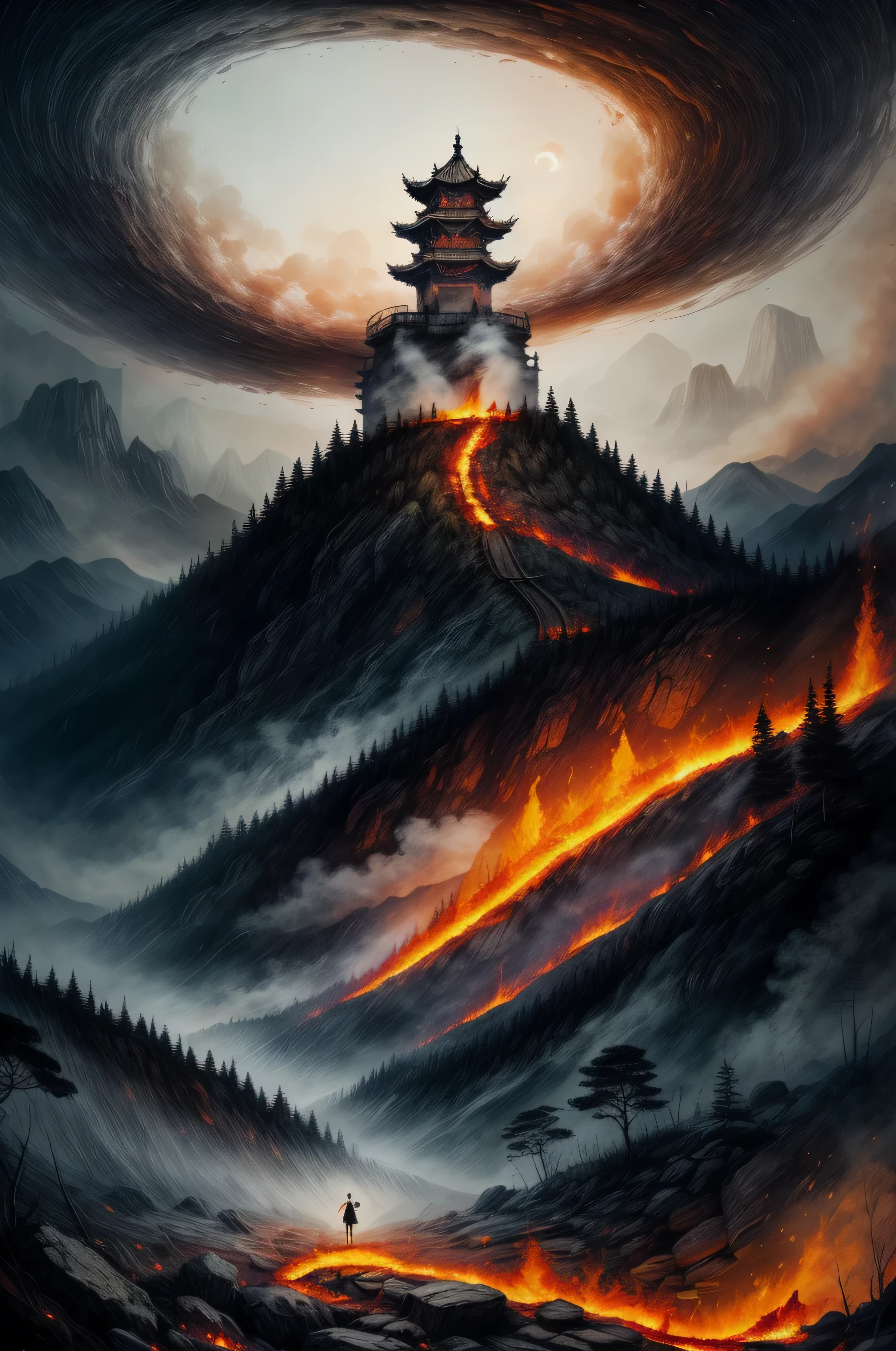 In the depths of the flames, A burning dark and mysterious tower unfolds, A figure lingers there., Lost in a mysterious dreamscape of ancient Chinese city walls: surreal