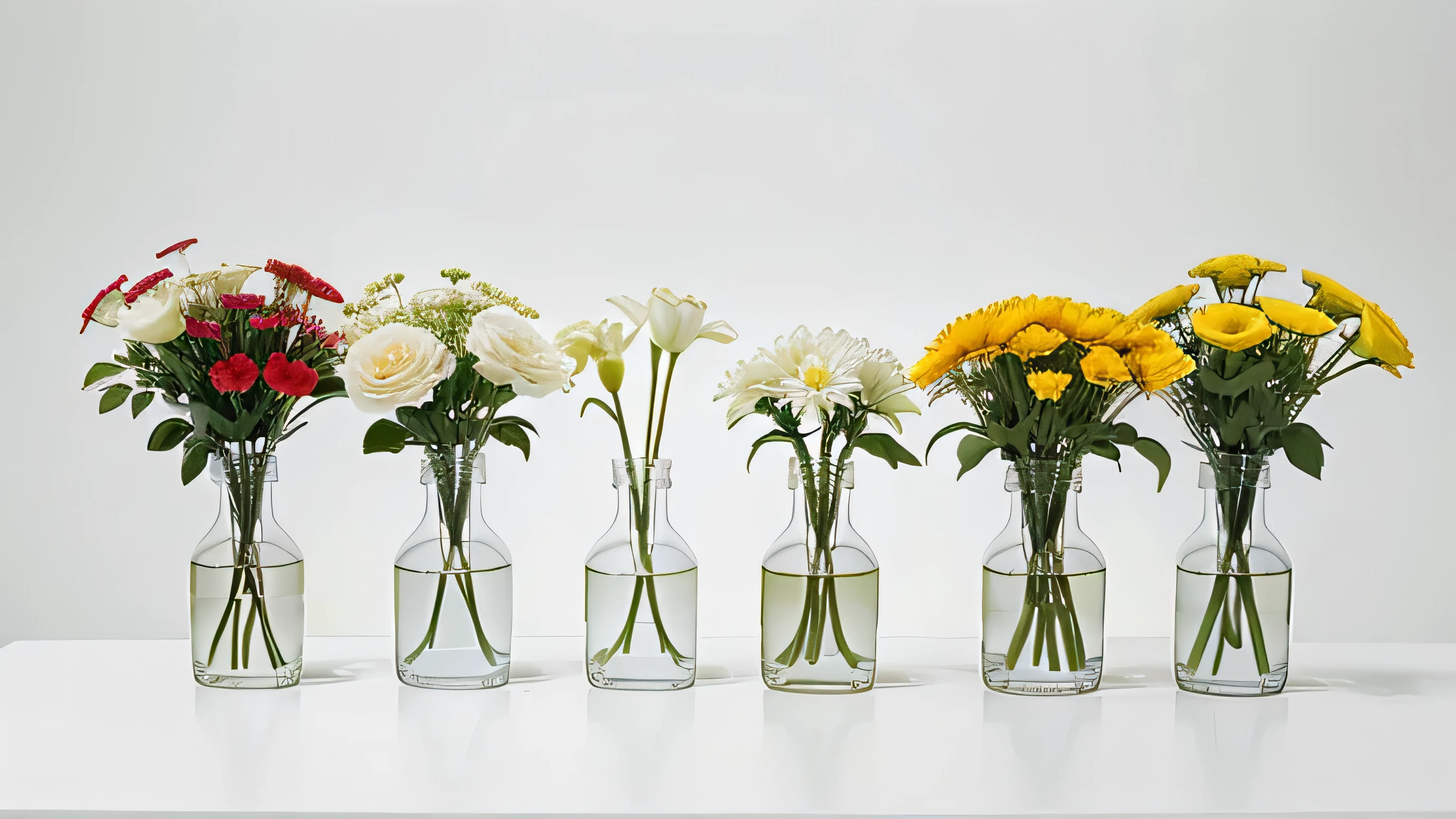 nobody, 20 different flowers are presented one by one, White background, bright colors, There is a white empty space at the top, No stem, There are no vases, no water