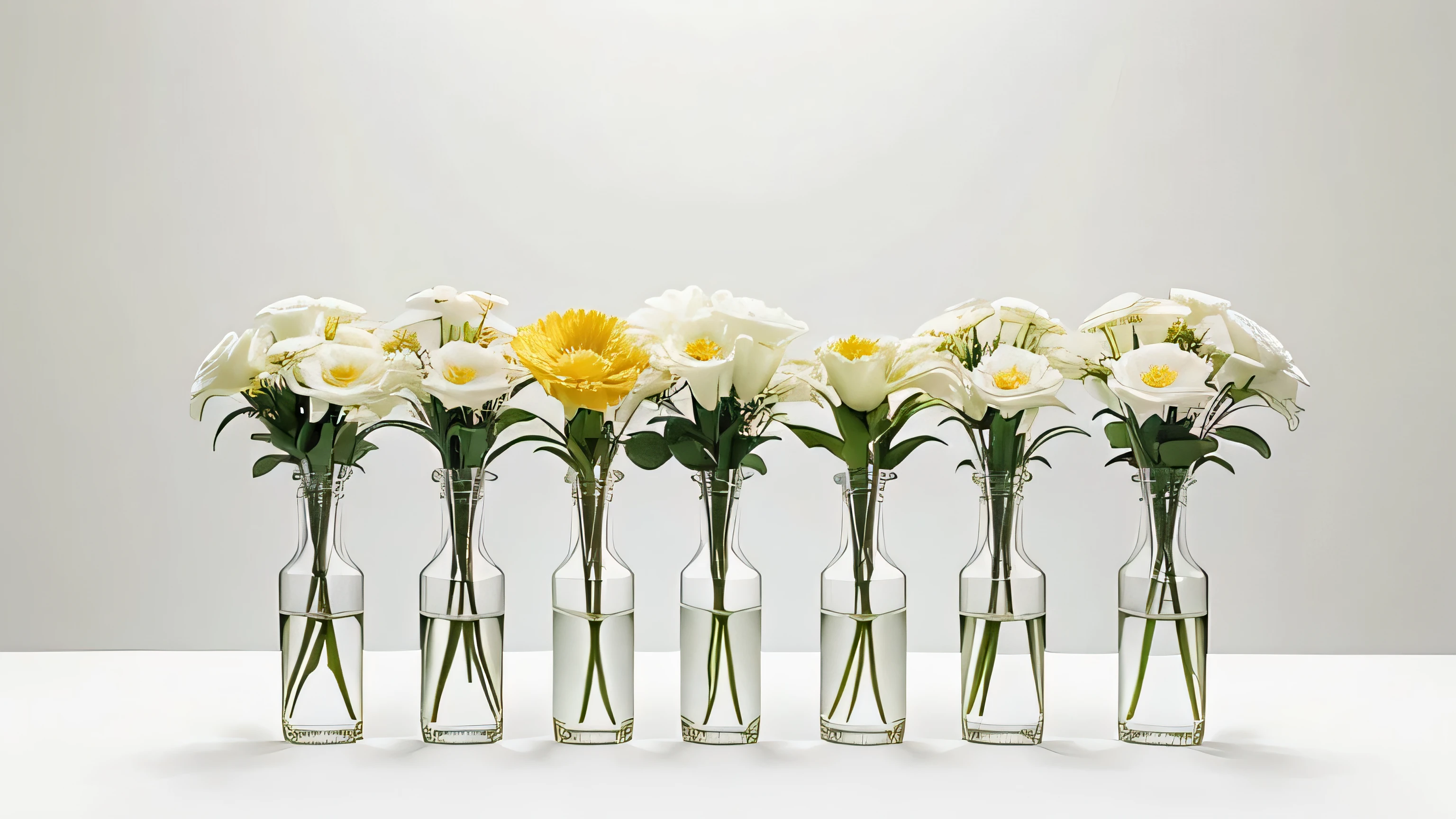 nobody, 20 different flowers are presented one by one, White background, bright colors, There is a white empty space at the top, No stem, There are no vases, no water