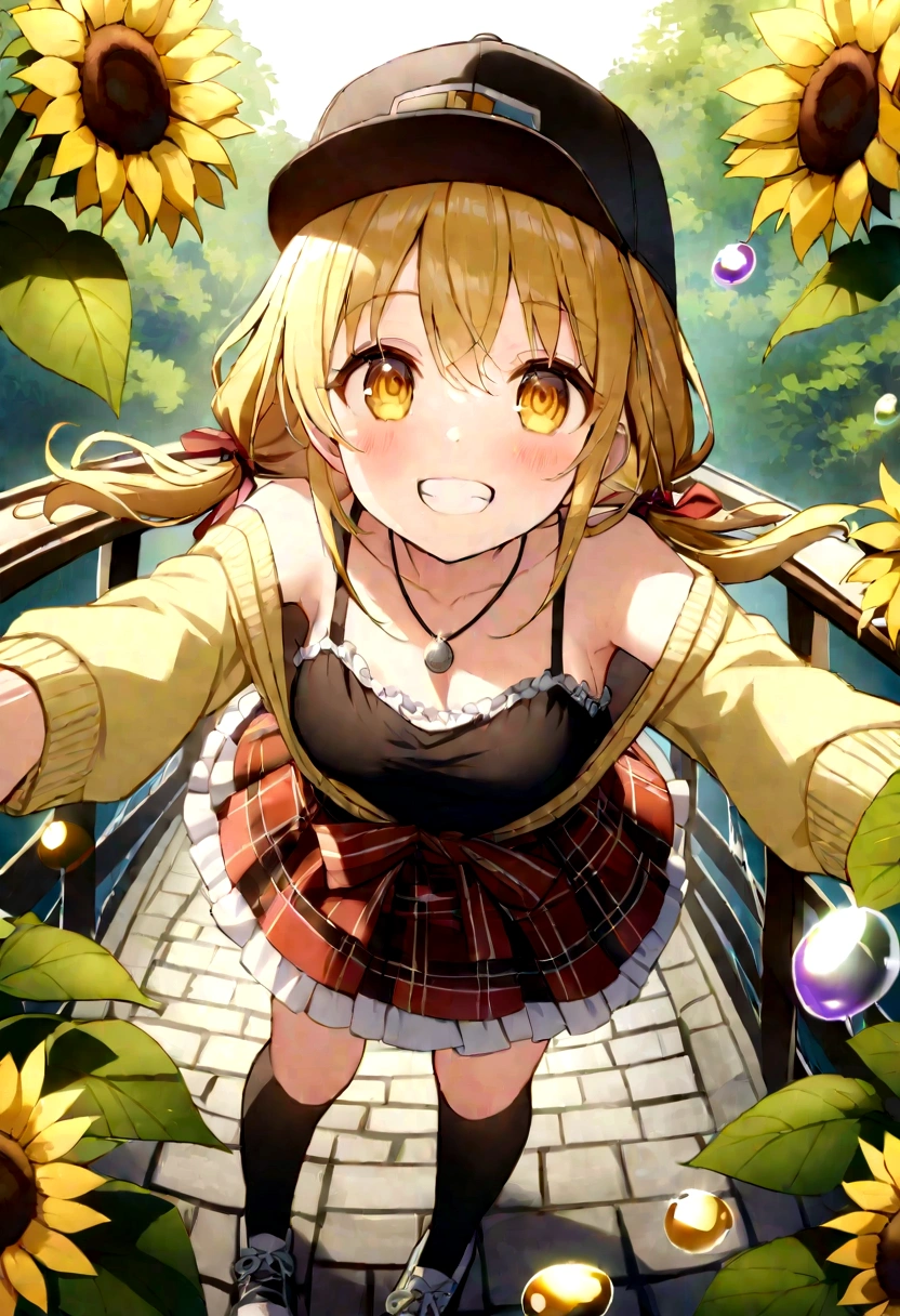 Red, brown, gold, gold hair、Golden Eyes、Hair tied up、One good looking girl、solo、anime、Checkered mini skirt、Ruffles on the skirt、camisole、Lightweight cardigan、Black knee-high socks、Wearing a baseball cap、Ribbon、Ribbon on waist、Teeth are visible、Silver coin necklace、From above、Sunflower Tunnel、Cobblestones、waterfall、Clear Stream、Have sunflowers、Midnight Moon、Winding Road、Unlocking、suspension bridge、Flying soap bubbles