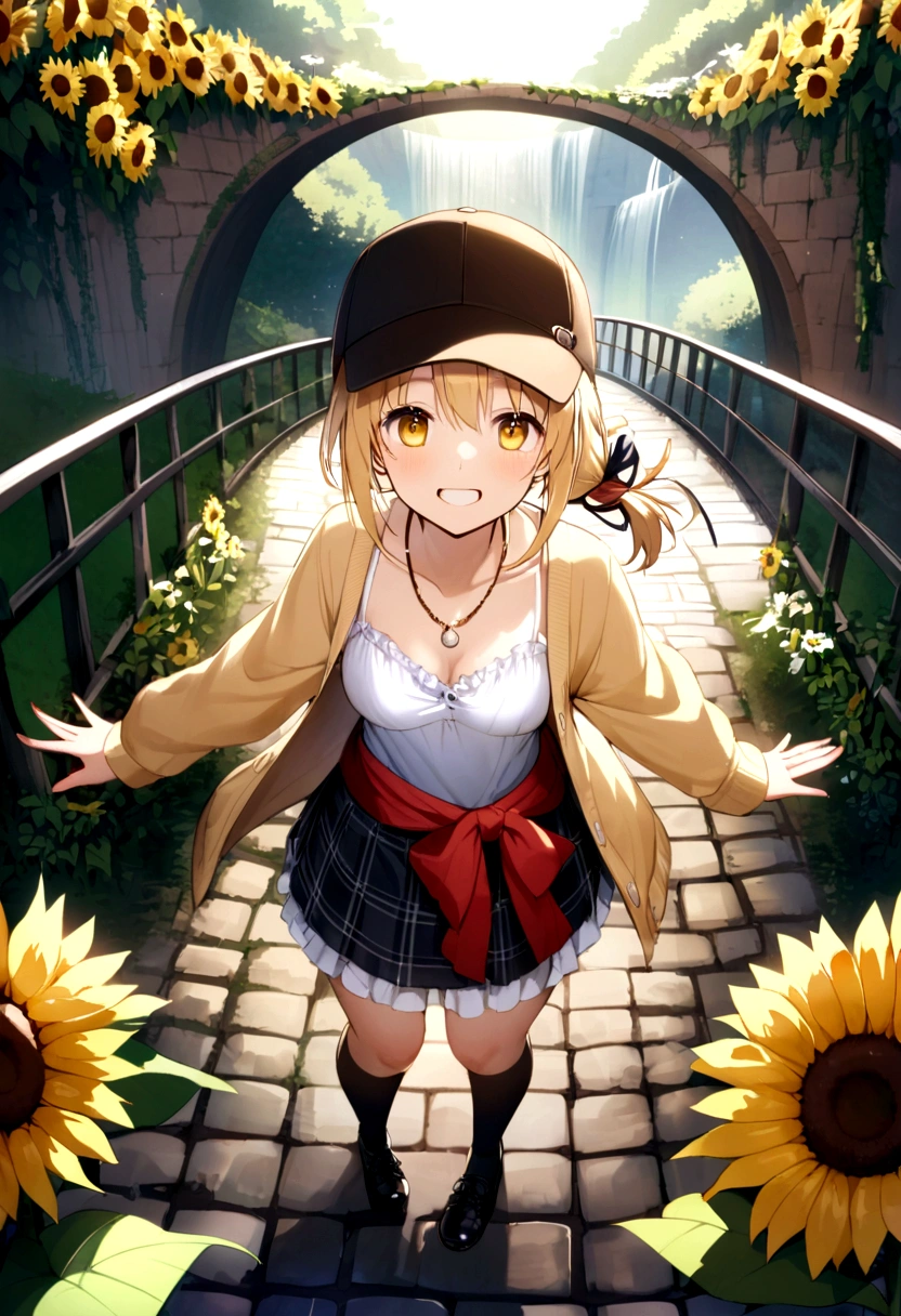 Red, brown, gold, gold hair、Golden Eyes、Hair tied up、One good looking girl、solo、anime、Checkered mini skirt、Ruffles on the skirt、camisole、Lightweight cardigan、Black knee-high socks、Wearing a baseball cap、Ribbon、Ribbon on waist、Teeth are visible、Silver coin necklace、From above、Sunflower Tunnel、Cobblestones、waterfall、Clear Stream、Have sunflowers、Midnight Moon、Winding Road、Unlocking、suspension bridge、Flying soap bubbles