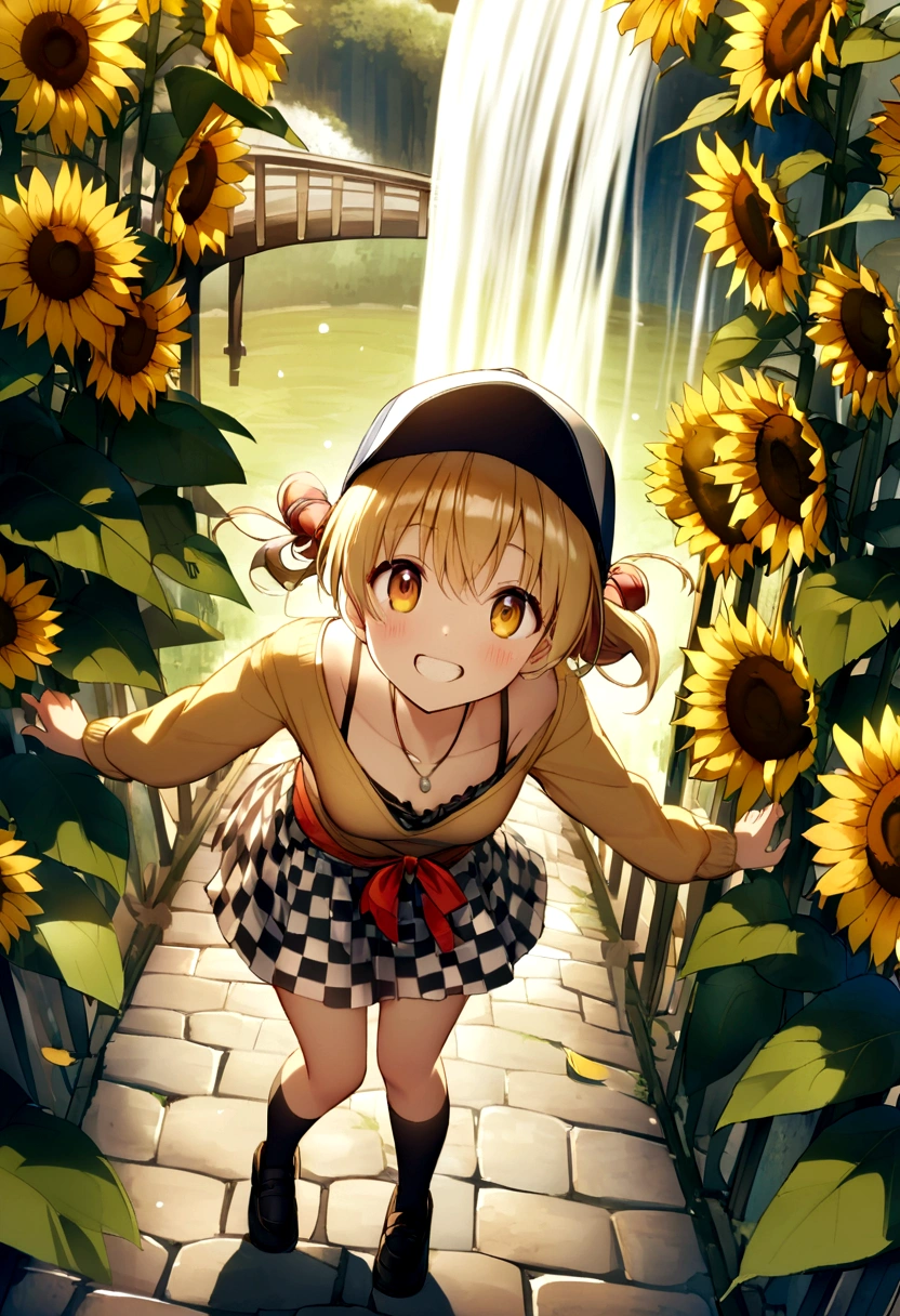 Red, brown, gold, gold hair、Golden Eyes、Hair tied up、One good looking girl、solo、anime、Checkered mini skirt、Ruffles on the skirt、camisole、Lightweight cardigan、Black knee-high socks、Wearing a baseball cap、Ribbon、Ribbon on waist、Teeth are visible、Silver coin necklace、From above、Sunflower Tunnel、Cobblestones、waterfall、Clear Stream、Have sunflowers、Midnight Moon、Winding Road、Unlocking、suspension bridge、Flying soap bubbles