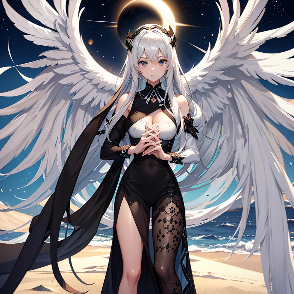 A black angel with white hair, in the middle of the desert, during an eclipse, at night, character in the center of the image