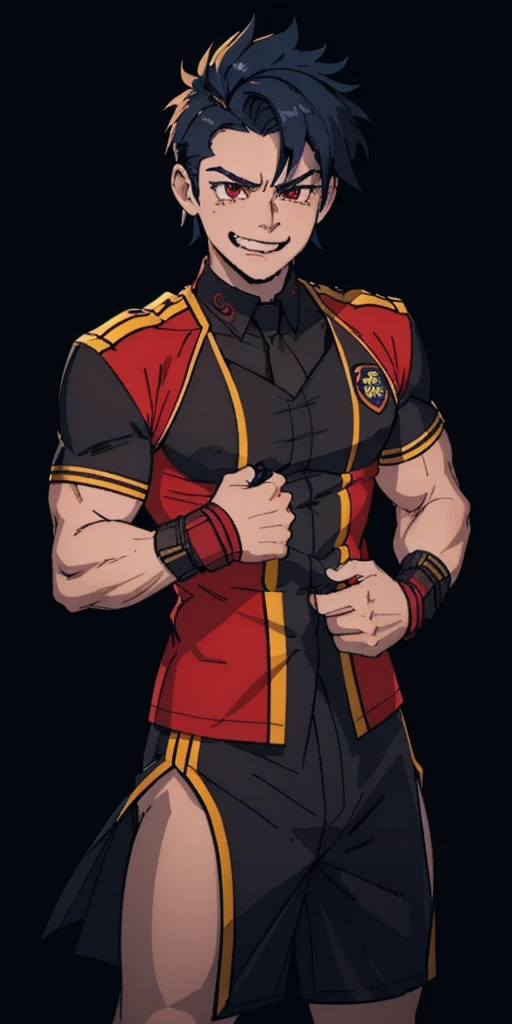 Male, man, masculine, muscular, , uniform, brown and black uniform, excited, fighting stance, high quality, simple background, smiling, sharp eyes, dark red eyes, deep blue hair, fighting position, guy, dude.