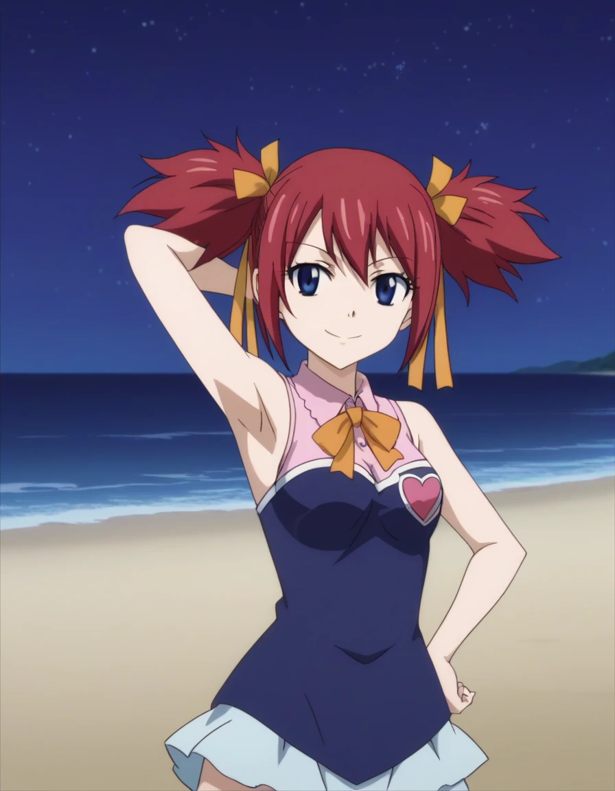 chelia_blendy, source_anime, rating_safe, intricate details, anime screencap, anime coloring, 1girl, solo,  red hair, blue eyes, ribbon, hair ribbon, twintails, short twintails, looking at viewer, solo, contrapposto, spread armpit, arm behind head, hand on hip, smile, looking at viewer, (cowboy shot:1.5), closed mouth, night sky, beach, high quality,