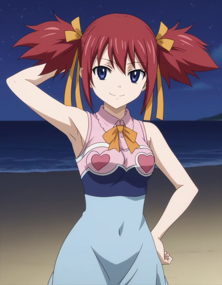chelia_blendy, source_anime, rating_safe, intricate details, anime screencap, anime coloring, 1girl, solo, red hair, blue eyes, ribbon, hair ribbon, twintails, short twintails, looking at viewer, solo, contrapposto, spread armpit, arm behind head, hand on hip, smile, looking at viewer, (cowboy shot:1.5), closed mouth, night sky, beach, high quality,