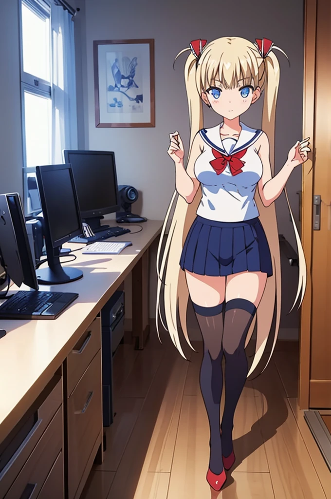 1 beautiful girl, great image quality with lots of detail, ray tracing, in a navy sailor , long stockings, blue eyes, white hair, , in a neon room, PC gaming, perfect anatomy, full body.