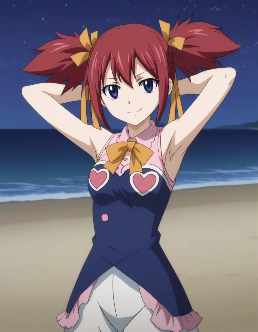 chelia_blendy, source_anime, rating_safe, intricate details, anime screencap, anime coloring, 1girl, solo,  red hair, blue eyes, ribbon, hair ribbon, twintails, short twintails, looking at viewer, solo, contrapposto, spread armpit, arms behind head, smile, looking at viewer, (cowboy shot:1.5), closed mouth, night sky, beach, high quality,