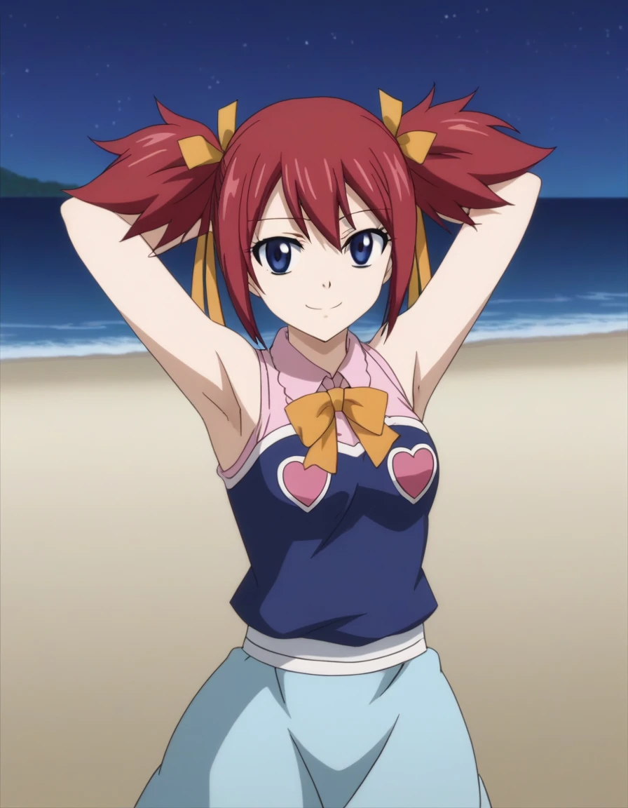 chelia_blendy, source_anime, rating_safe, intricate details, anime screencap, anime coloring, 1girl, solo,  red hair, blue eyes, ribbon, hair ribbon, twintails, short twintails, looking at viewer, solo, contrapposto, spread armpit, arms behind head, smile, looking at viewer, (cowboy shot:1.5), closed mouth, night sky, beach, high quality,