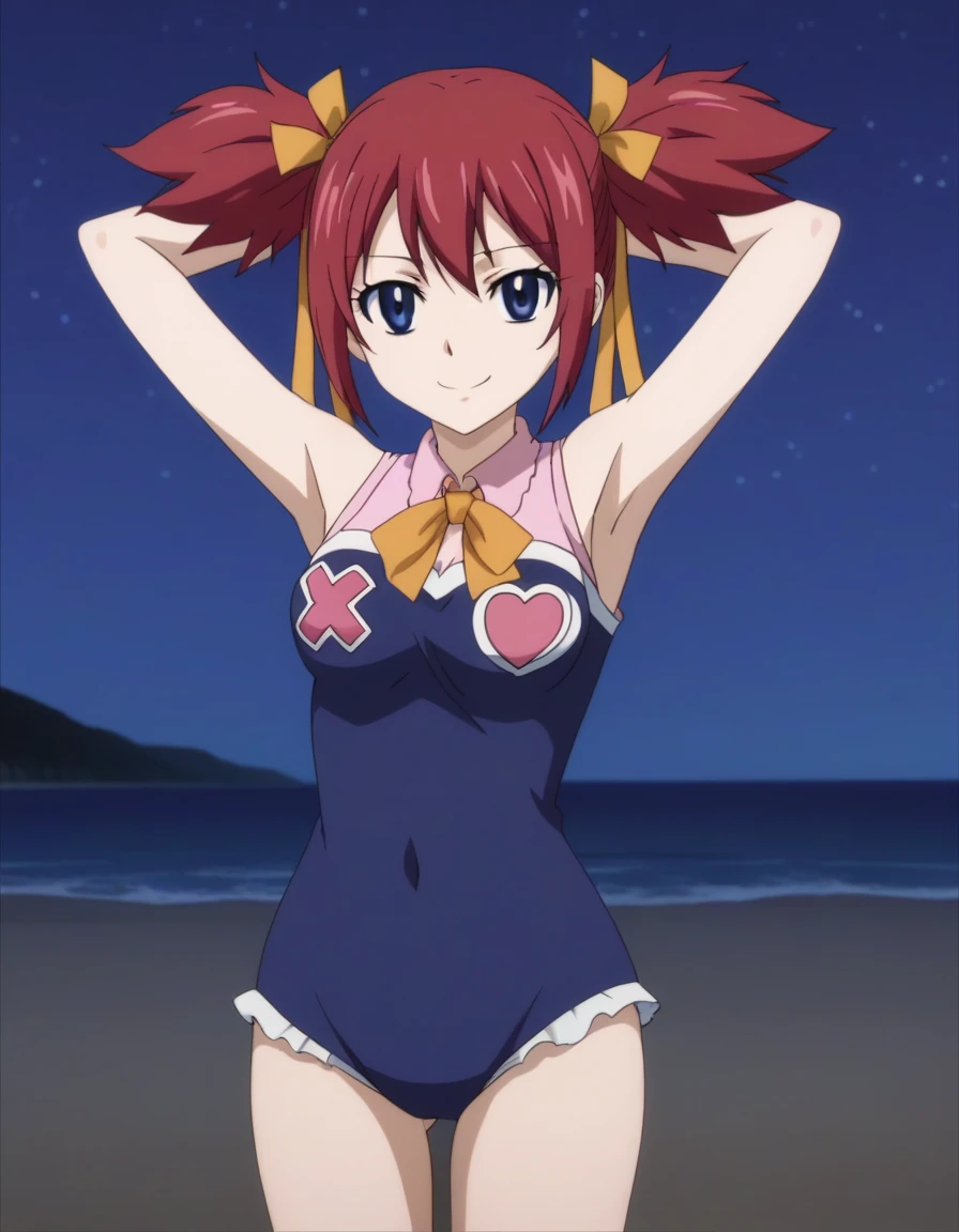 chelia_blendy, source_anime, rating_safe, intricate details, anime screencap, anime coloring, 1girl, solo, red hair, blue eyes, ribbon, hair ribbon, twintails, short twintails, looking at viewer, solo, contrapposto, spread armpit, arms behind head, smile, looking at viewer, (cowboy shot:1.5), closed mouth, night sky, beach, high quality,