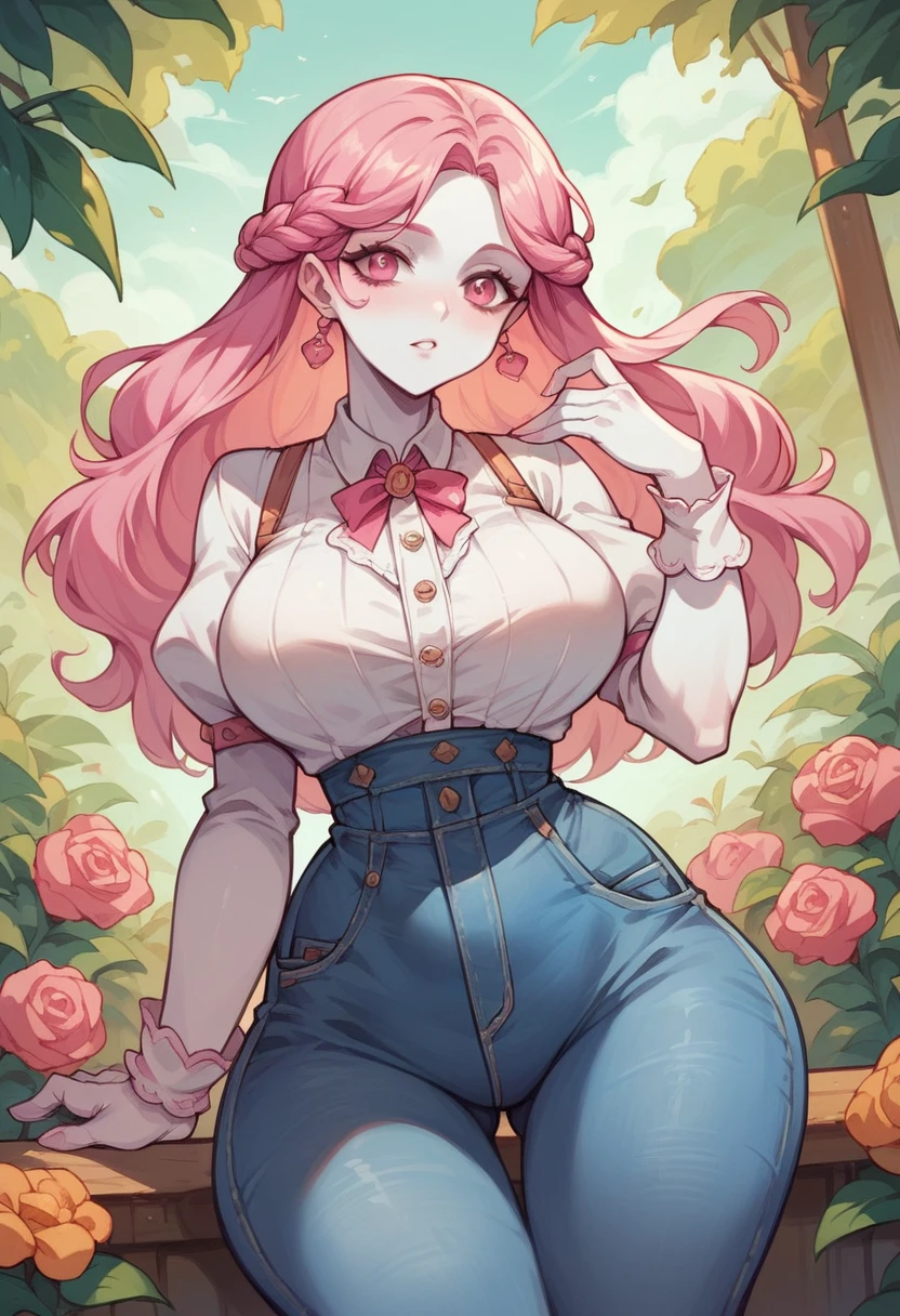 long pink hair girl, pink eyes, White skin,big breasts, thin waist, big hips, denim, granary, stardew valley style