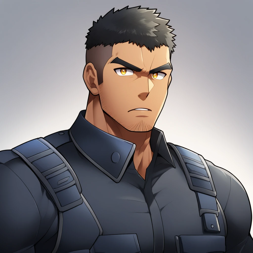 anime characters:Gyee, Muscular male police officer, negro black skin, Dark-skinned male police officer, Manliness, male focus, Tight-fitting police uniform, Black tight T-shirt with a high collar, Very tight, Round, full and perky chest muscles, Slightly transparent, muscular male, muscular, only, Upper body, alone, Black short hair, Thick eyebrows, stubble, Yellow eyes, Grey background, simple background, amazing quality, best aesthetics, Ridiculous, bright pupils, crew cut, parted lips, v-shaped eyebrows, jitome, frown, best quality