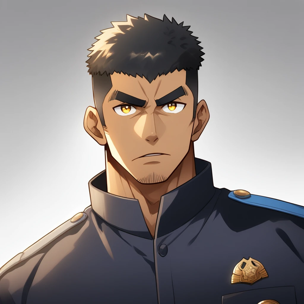 anime characters:Gyee, Muscular male police officer, negro black skin, Dark-skinned male police officer, Manliness, male focus, Tight-fitting police uniform, Black tight T-shirt with a high collar, Very tight, Round, full and perky chest muscles, Slightly transparent, muscular male, muscular, only, Upper body, alone, Black short hair, Thick eyebrows, stubble, Yellow eyes, Grey background, simple background, amazing quality, best aesthetics, Ridiculous, bright pupils, crew cut, parted lips, v-shaped eyebrows, jitome, frown, best quality