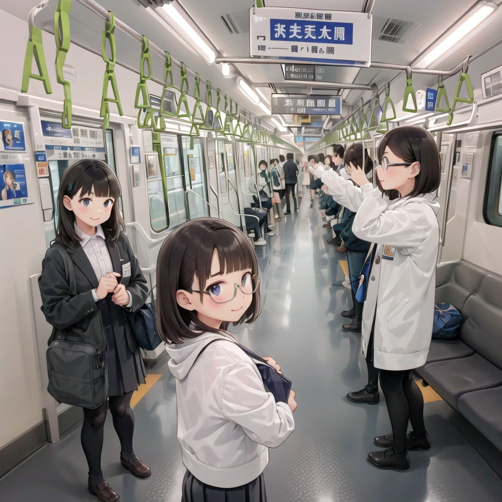 Highest quality, Very detailed, shape,
Multiple Girls, Small breasts , Black Hair, Glasses, school bag, smile, Laughter, View your audience, Crowded train、たくさんのFemale student、1male、A male stands behind a womale、A male is touching a womale's ass、
e235, Inside the train, scenery, Sheet, window, screen, Realistic, photograph background, photograph (Moderate), photographRealistic, close、maleたちに囲まれて1Female student