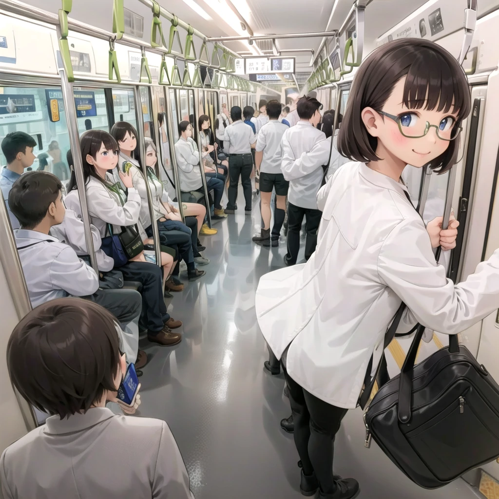 Highest quality, Very detailed, shape,
Multiple Girls, Small breasts , Black Hair, Glasses, school bag, smile, Laughter, View your audience, Crowded train、たくさんのFemale student、1male、A male stands behind a womale、A male is touching a womale's ass、
e235, Inside the train, scenery, Sheet, window, screen, Realistic, photograph background, photograph (Moderate), photographRealistic, close、maleたちに囲まれて1Female student