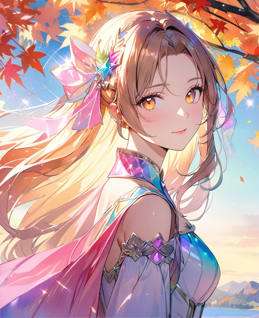 (8K, Highest quality, masterpiece:1.2),(Highest quality:1.0), (Ultra-high resolution:1.0), watercolor, Beautiful woman, shoulder, Costumes adorned with light refraction、Twinkling of the stars、Diamond Sparkle、Hair Ribbon, Agnes Cecil, Half Body Portrait, Super bright design, pastel colour, (ink:1.3), Autumn Light,