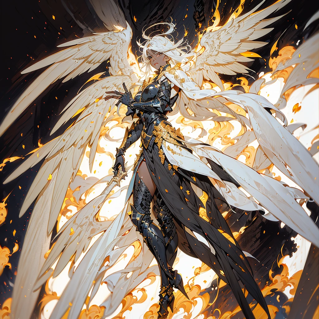 A black angel with white hair, in the middle of the desert, during an eclipse, at night, character in the center of the image