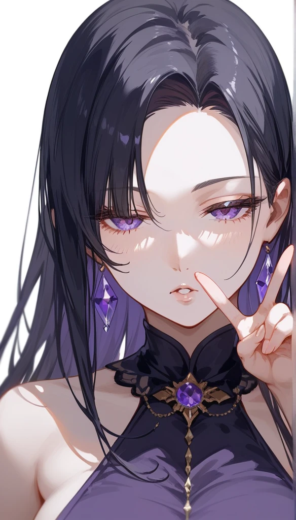 masterpiece, Score_9, Score_8_up, Score_7_up, front view, 1 woman, alone, black hair, long hair, parted bangs, purple eyes with dark blue, half-closed eyes, parted lips, expressionless, pale skin, large breasts, best quality, long and open bangs, black sleeveless shirt, V-neckline, black and purple dress, high heels.