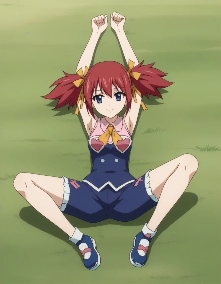chelia_blendy, source_anime, rating_safe, intricate details, anime screencap, anime coloring, 1girl, solo, red hair, blue eyes, ribbon, hair ribbon, twintails, short twintails, looking at viewer, high quality, solo, lying, on back, arms up, spread arms, closed mouth, on grass, center, full body, looking at viewer, suggestive smile, best quality, spread legs,