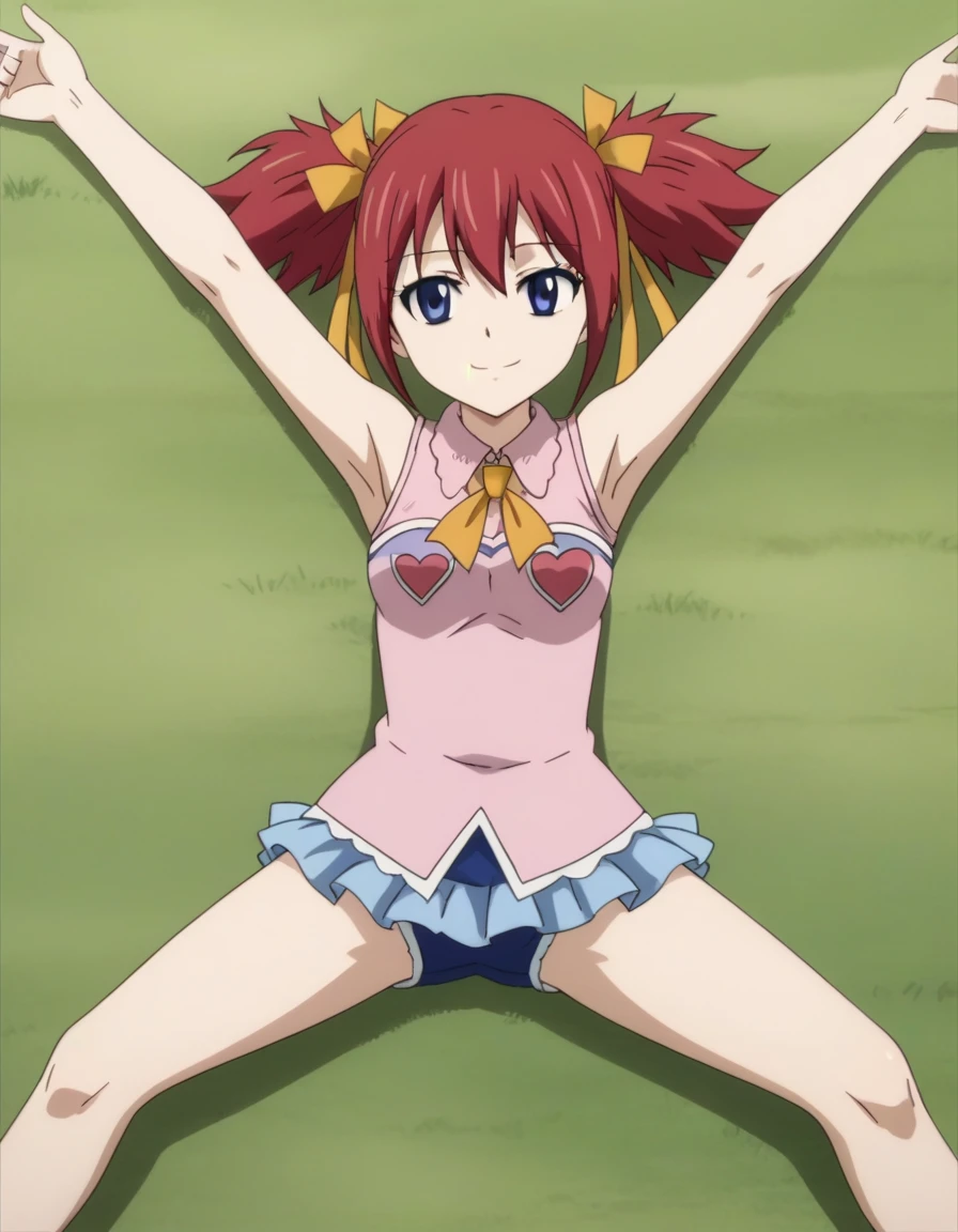 chelia_blendy, source_anime, rating_safe, intricate details, anime screencap, anime coloring, 1girl, solo, red hair, blue eyes, ribbon, hair ribbon, twintails, short twintails, looking at viewer, high quality, solo, lying, on back, arms up, spread arms, closed mouth, on grass, center, full body, looking at viewer, suggestive smile, best quality, spread legs,