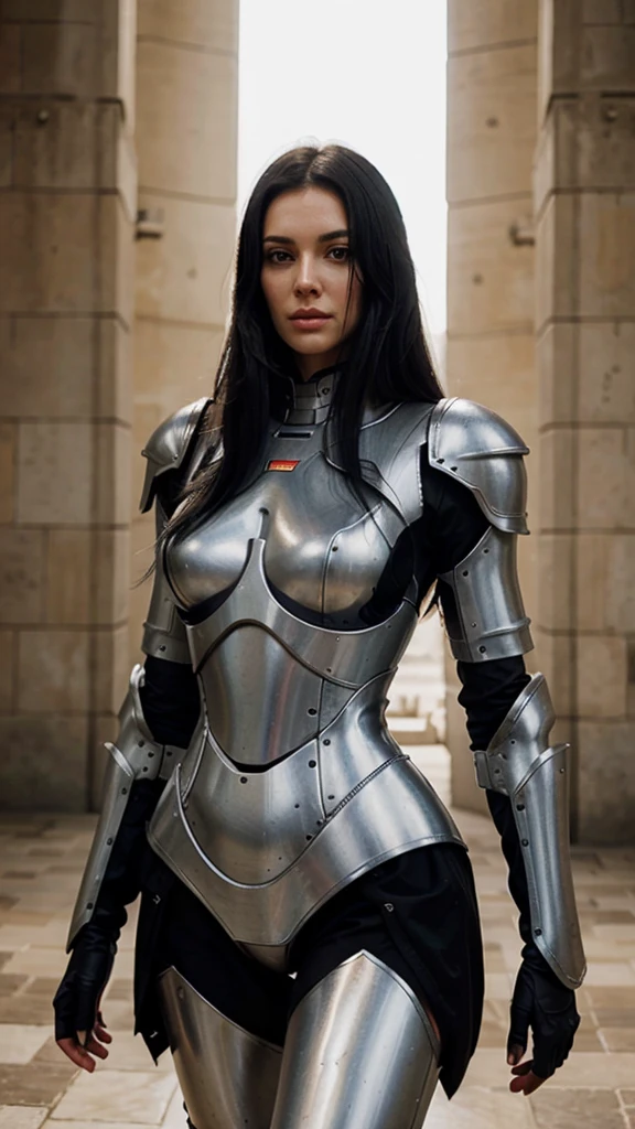 Beautiful tall woman in robotic armor with super realistic and well detailed black hair.