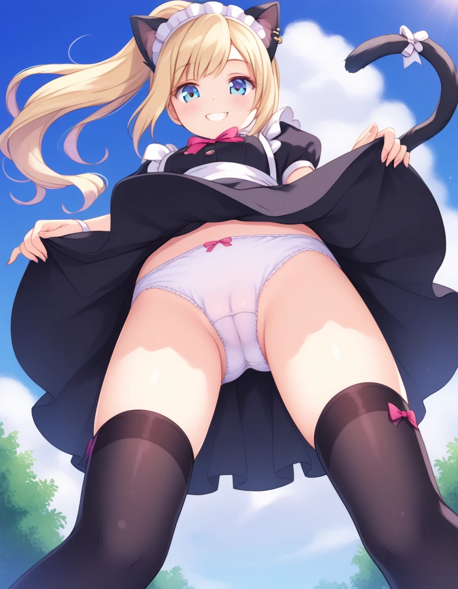 1girl, solo, multiple colored hairs, maid, black cat tail, smile, black thighhigh, leaning forward, charm posing, background, upskirt, (view from below), presenting, very young girl, , little, petitte, elegant young girl, blonde hair, ponytail, crotch focus, (extreme close-up), ((pov facesitting)), detailed background, outdoors, white panties, cameltoe, view from front,