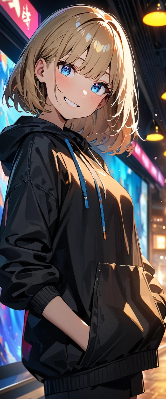 (((One girl))), Shibuya, blond hair, bob cut, ((face in focus)), (looking at viewer), breasts, teenager, head tilt:1.3, (((blue eye))), constricted pupils, (from side), hand in pocket, ((happy smile)), black hoodie:1.3, black shorts:1.3, anime style, (best quality, 4k, 8k, highres, masterpiece:1.2, ultra-detailed, ultra-detailed eyes, HDR, UHD, studio lighting, ultra-fine painting, sharp focus, physically-based rendering, extreme detail description, professional, vivid colors, bokeh)