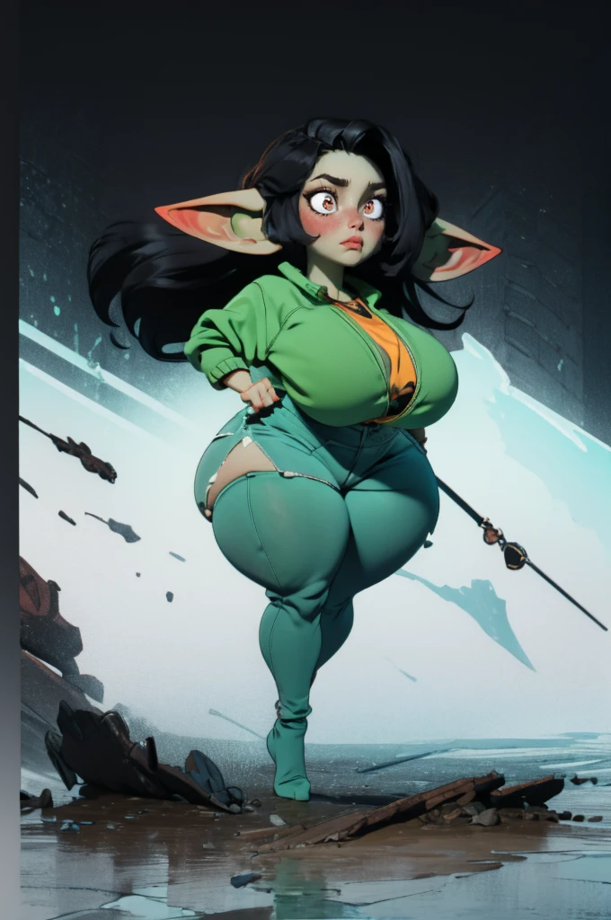 cute, goblin, green skin, 14 year old girl, black hair, (hyper breasts 2), short, shortstack, hyper shortstack, cameltoe, huge ass, gigantic butt, monolid eyes, amber eyes, blush, anxious, teenage, young, amazing quality, black hair, wide hips, hyper hips, gigantic hips, super wide hips, massive hips, shy, fantasy, great quality, narrow waist, breasts covered, wolfcut, wolfcut haircut, fully clothed, punk outfit, skimpy
