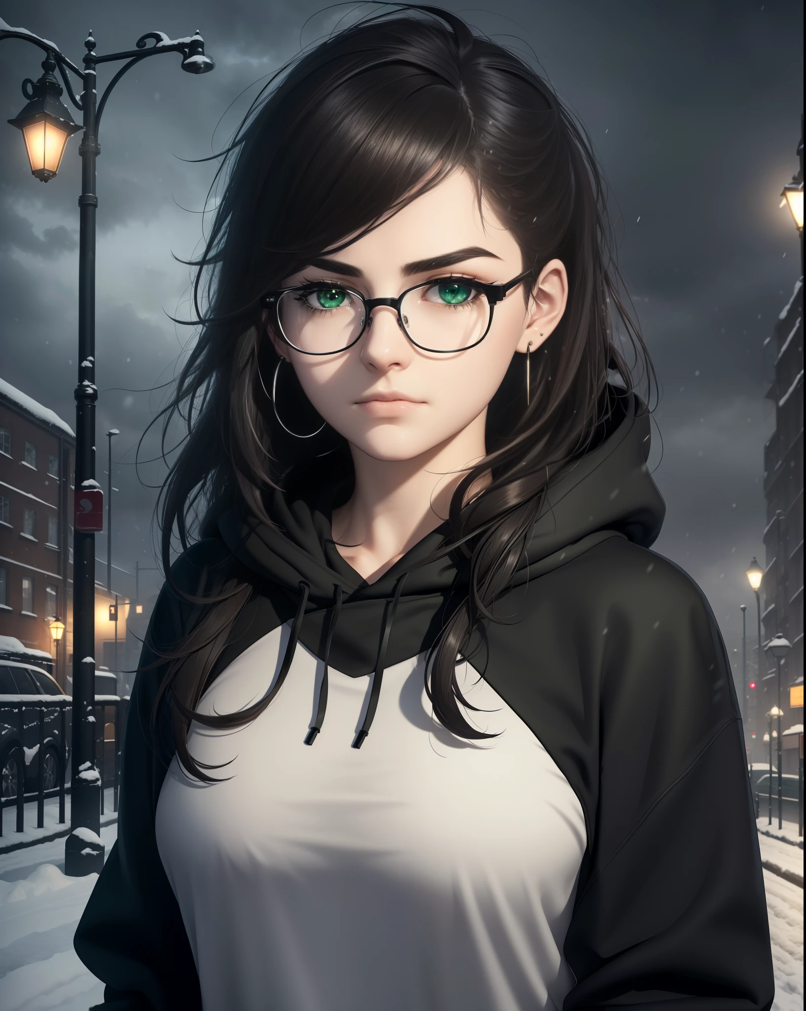 Best quality, volumetric lighting, cinematic lighting, masterpiece, ultra high res, 4k, (soft round detailed face), (sad expression), (detailed green eyes), bags under eyes, thick eyebrows, depressed, melancholy, (wearing rounded glasses), (very pale light skin), detailed black hair, ((long messy greasy hair)), (plain black hoodie), black stud earrings, black nail varnish, unwashed, unkempt, disheveled, sodium streetlamps, midnight, dark clouds, London, snow