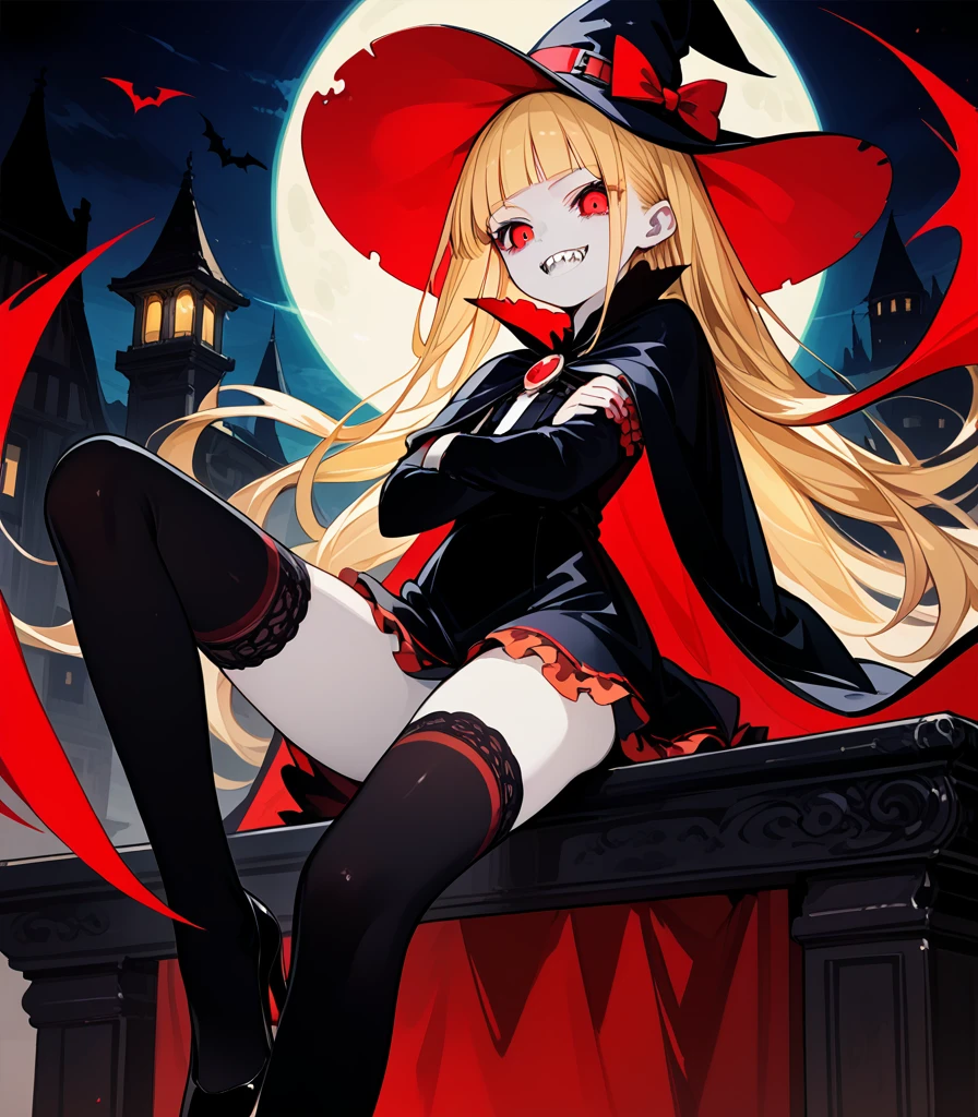 score_9, score_8_up,score_7_up,1 girl,solo,10 years old,(female child:1.5),(vampire:1.5),(witch:1.3),(europian:1.5),emaciated,red eyes,(slant eyes,tsurime:1.2),(blonde hair,very long hair,blunt bangs,straight hair:1.1),flat chest,(pale skin:1.5),(sharp teeth:1.5),(gothic lolita,black dress:1.1),(black thighhighs:1.3),pointy hat,high heels,(vampirecape,cape,cloak:1.1),(grin:1.5),skinny
(from front,crossed arms),looking at viewer,indoor
(Rembrandt lighting, colorful reaction, lens flare, bloom,film Reflection),claw pose,sitting,barefoot,foot focus,from below,bare legs,pale skin,