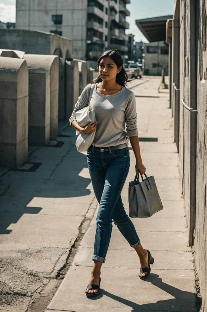 A woman carrying a bag of cement 