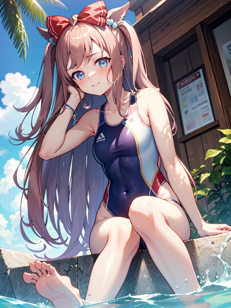 masterpiece, best quality, ultra-detailed, agnes digital \(umamusume\), ((swimsuits)), blush, sunny, sitting, from front, from below, looking at viewer, barefoot,