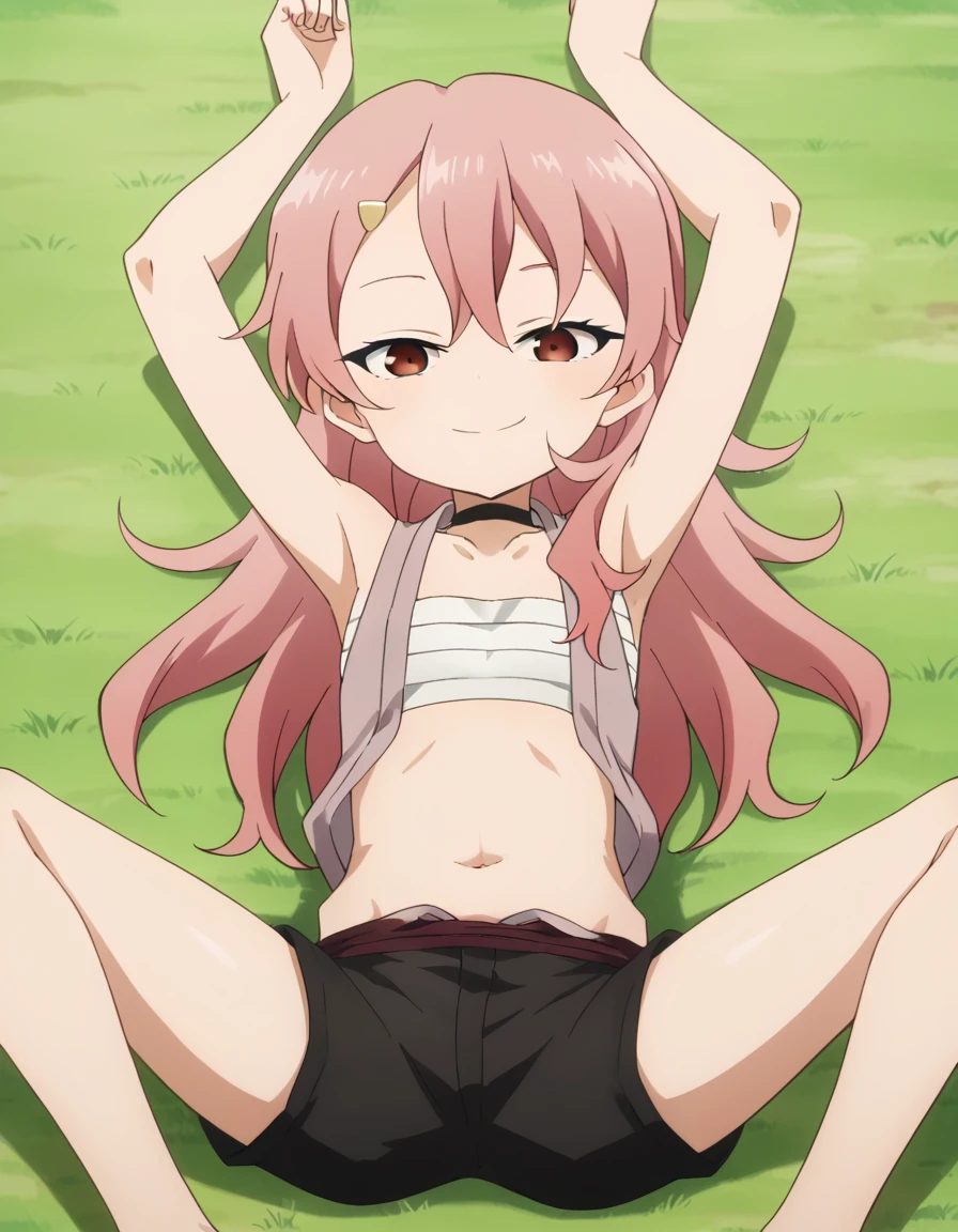 benisumomo, anime coloring ,BREAK source_anime, anime, long hair, hair ornament, red eyes, navel, pink hair, choker, hairclip, flat chest, black choker, sarashi, chest sarashi, black shorts, high quality, solo, lying, on back, arms up, spread arms, closed mouth, on grass, center, full body, looking at viewer, suggestive smile, best quality, spread legs,